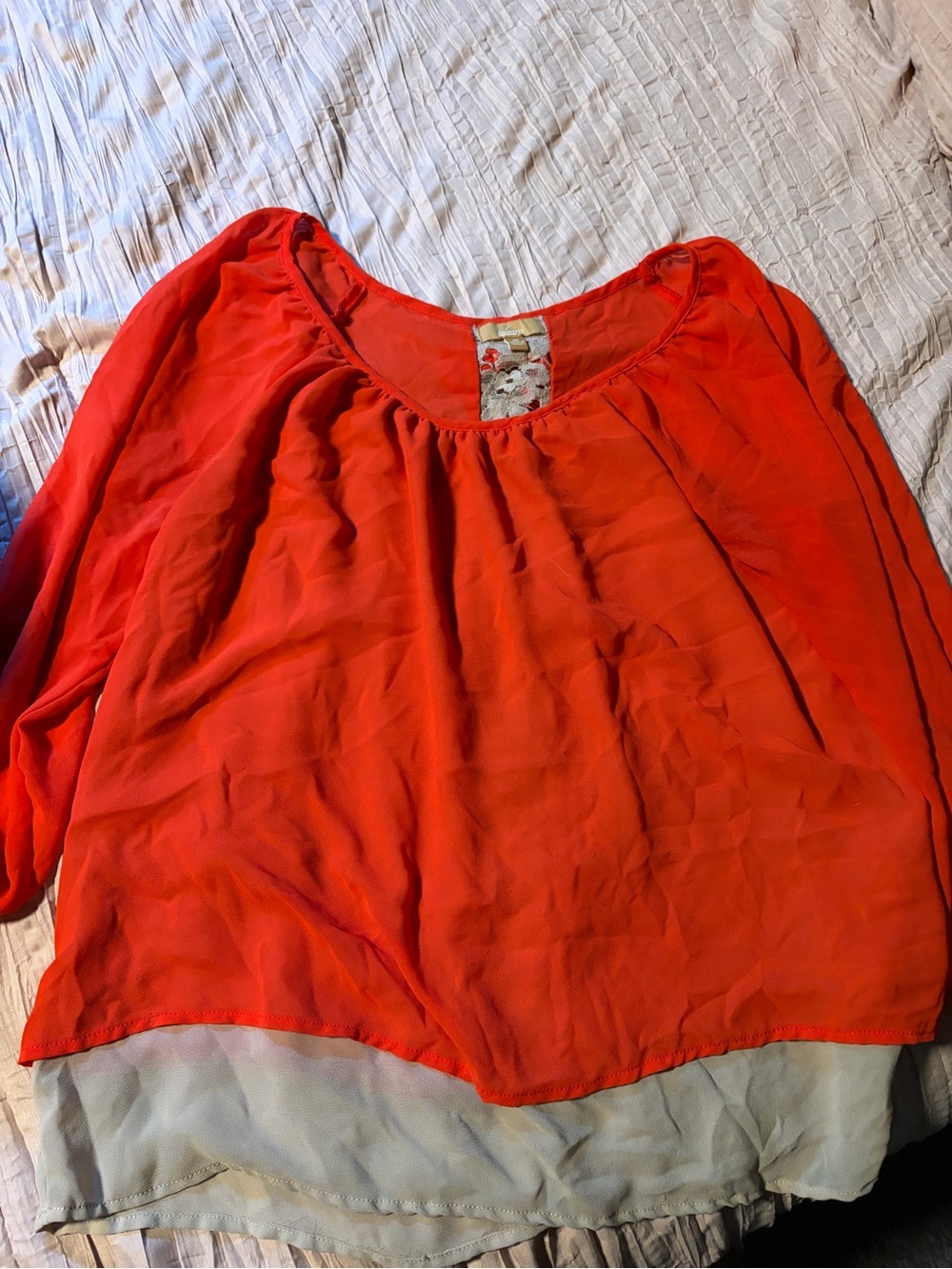 Takara Vibrant Red Layered Chiffon Blouse with Cream Hem